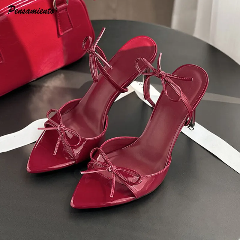 

2025 New Designer Fashion Patent Leather Bowknot Women Sandals Sexy Summer Slingbacks Stiletto High heels Female Party Shoes