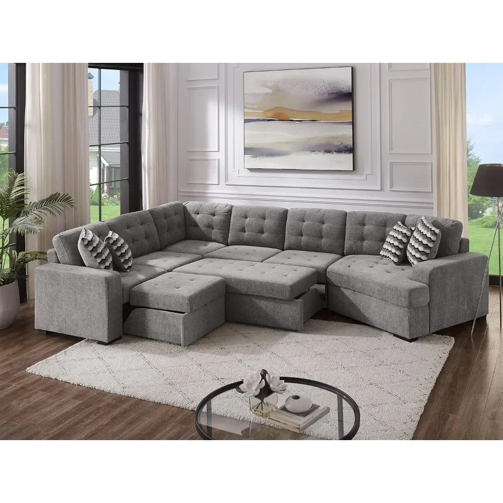 

149'' Oversized Sectional Sleeper Sofa with Chaise Lounge and Pull Out Bed, 7-Seater U-Shaped Sectional Couches with Cuddler