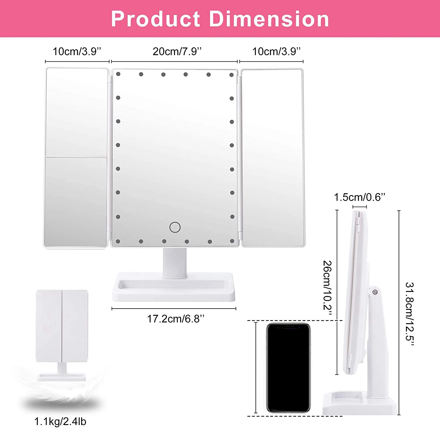 Espelho de maquiagem trifold com 22 luzes LED, ampliação 10X, portátil, dobrável, mesa iluminada, espelho cosmético, branco