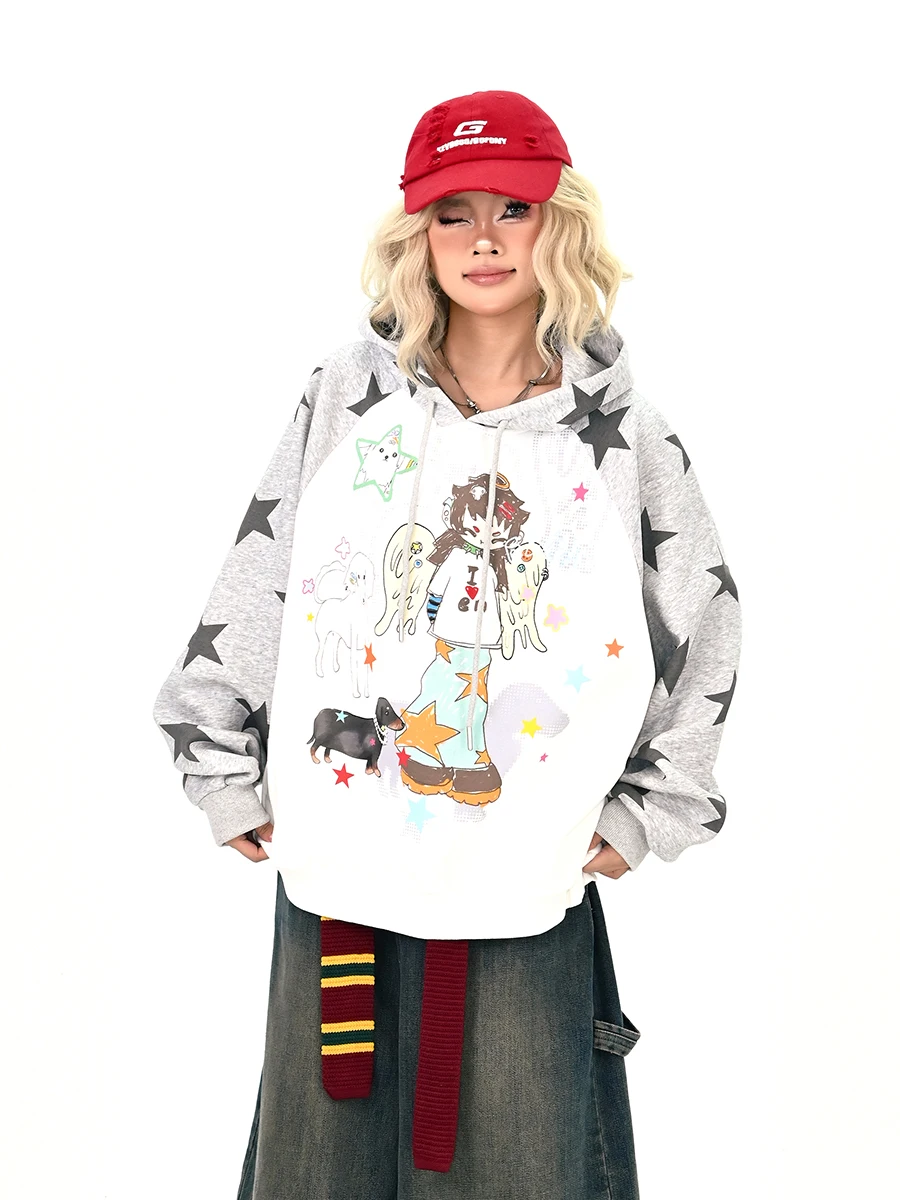 

Женская толстовка с капюшоном в мультяшном стиле, свободного кроя, в стиле BF College, модный брендовый дизайн со звездами, удобная толстовка, осенняя новинка