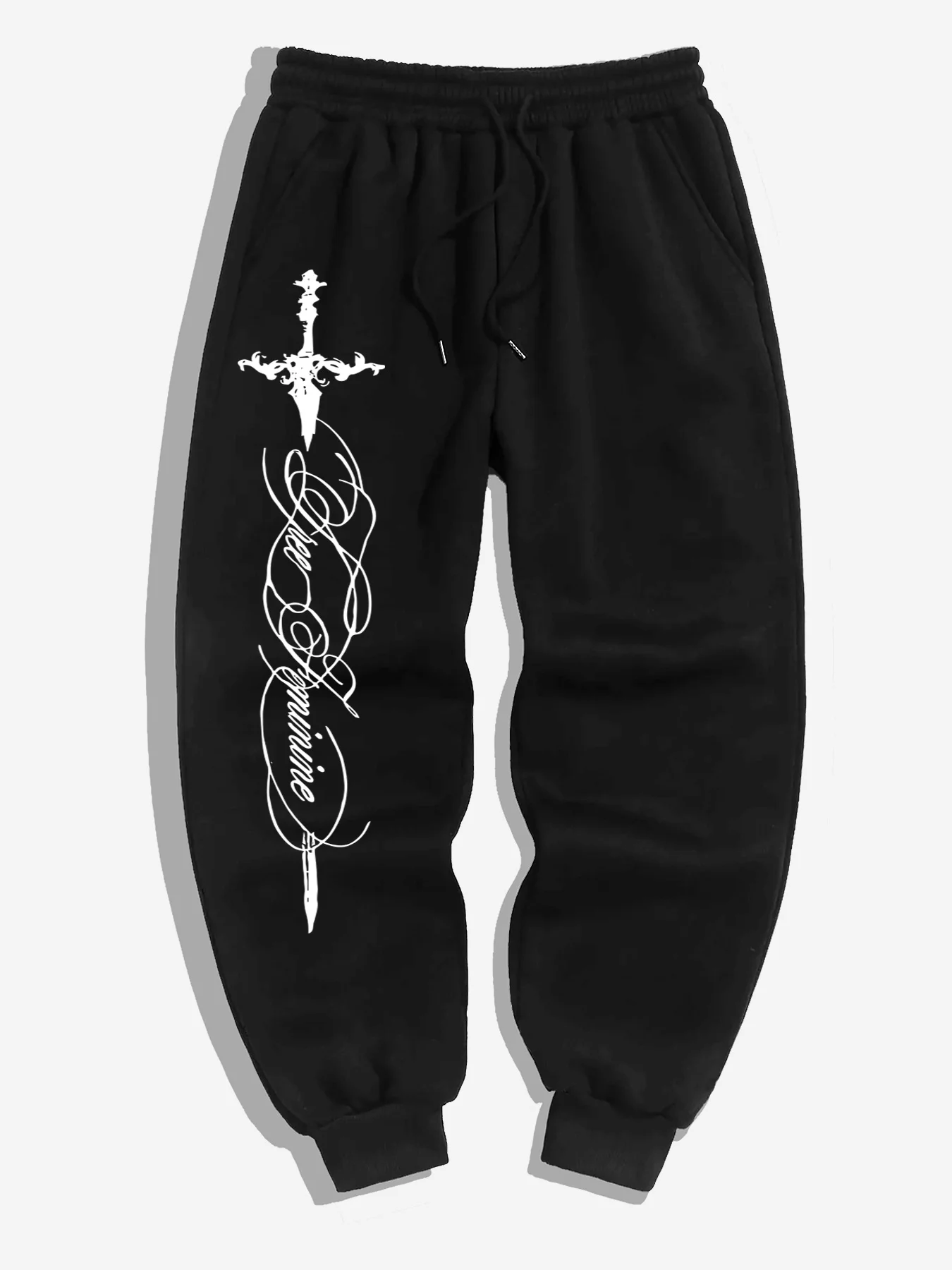 Men Gothic Cross Sword Cursive Script Graphic Jogger Pants Elastic Waist Drawstring SweatpantsLooseDarkVintageStreetwearTrousers