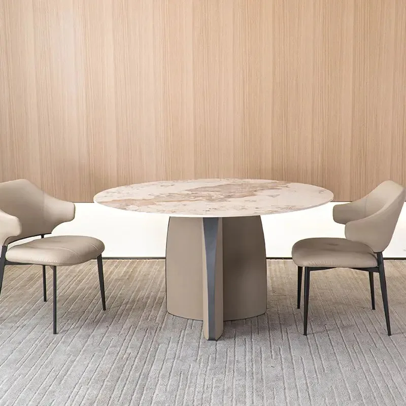 Modern Round Ceramic PU Coated Dining Table Set for 4 Persons with Chairs