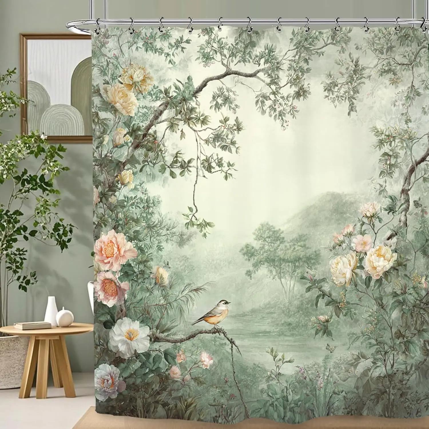 

Зеленая водонепроницаемая шторка для душа с цветочным и птичьим узором 180x200 см - Декоративная шторка для ванной с принтом природного пейзажа для декора гостиной