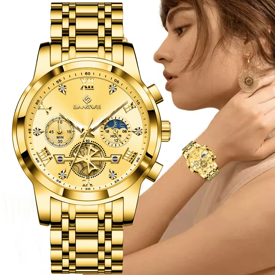 BANGWEI Novo Relógio À Prova D' Água para As Mulheres Criativas de Aço Dourado Pulseira Feminina Relógio Elegante Quartzo Cronógrafo Relogio feminino