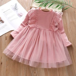 Girls Mesh Long Sleeve Puffy Dress Children Round Neck Lace Princess Dress 2-8 Years Old Baby Dresses