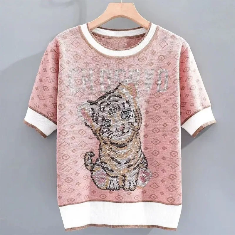 2024 New Summer Sweet Short Sleeve T-shirts Women\'s Knitted Loose Pullover Chic Animal Printed Letter Diamonds Round Neck Tops