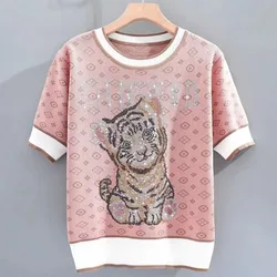 2024 New Summer Sweet Short Sleeve T-shirts Women's Knitted Loose Pullover Chic Animal Printed Letter Diamonds Round Neck Tops