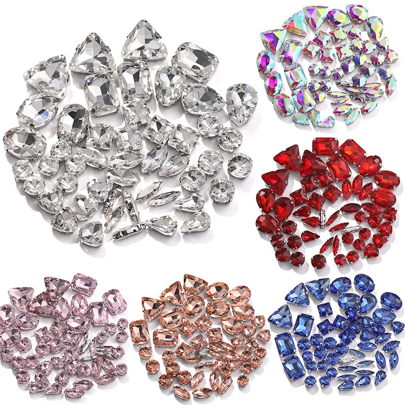 

50pcs Clear Glass Crystal Rhinestones Silver Claw Setting Mixed Shapes Sew-On Beads for DIY Wedding Dress Shoes Bag Decoration