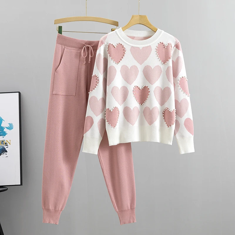 Fashion Women Sweater 2 Piece Sets Chic Knit Embroidery Bead Heartshape Pullovers Top + Spring Harem Pants Sport Tracksuits Suit