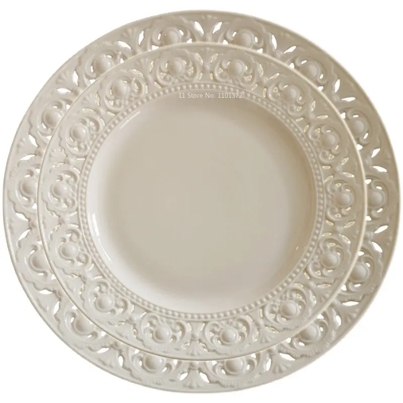 European-style Palace Style Carved Ceramic Western Food Plate Hollowed-out Relief Antique Steak Plate Table Set Plate