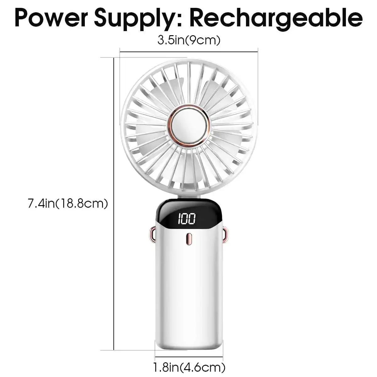 Tragbarer, wiederaufladbarer USB-Handventilator, faltbar, mit 5 Geschwindigkeitsstufen, Handyhalterung, digitaler Anzeige, Kühlung, zum Aufhängen am Hals – Detail 2