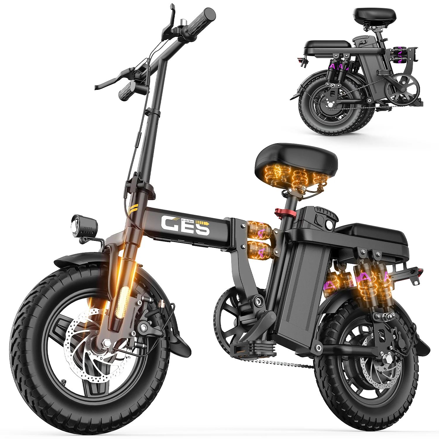 

Вездеходный складной электровелосипед, 14-дюймовые широкие шины с 12 амортизаторами, съемный аккумулятор, LED-дисплей и фары