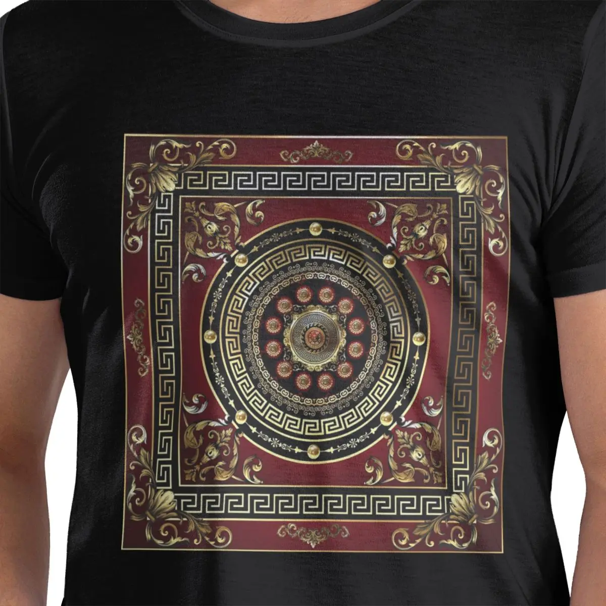 

Greek Key Meander Red Gold Black Medallion Baroque 100% Cotton T-Shirt Men's Funny T Shirts Men Round Neck Short Sleeve S-6XL