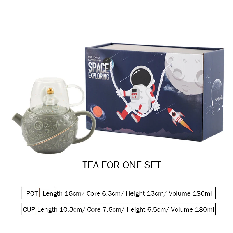 Cute Astronaut Teapot With Spaceman Lid Glass Tea Cup Coffee Mug Planet Porcelain Tea Kettle Gift Box Tea For One Set