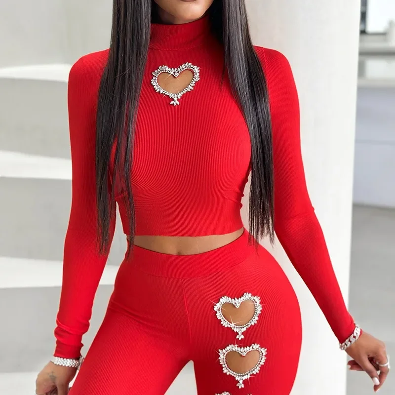 Two Piece Sets Wome Sexy Pant Set Turtleneck Full Sleeve Elegant Y2k Tops Hollow Out High Waist Long Pants Sheath Matching Sets