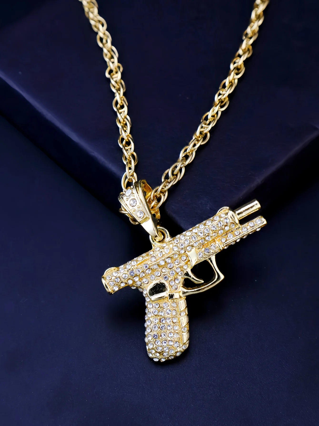 Men Rhinestone Gun Charm Necklace