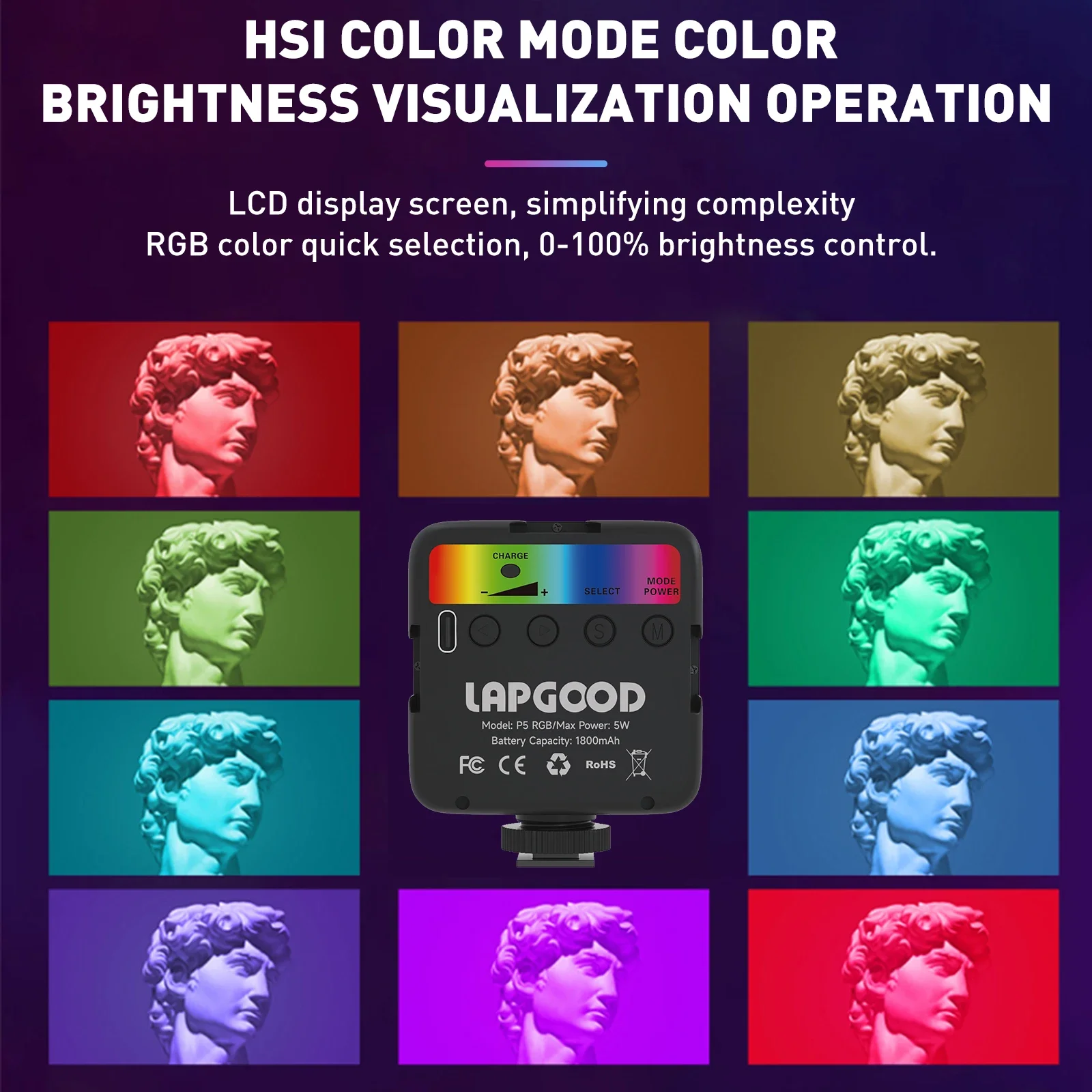 Lapgood P5 Luce video LED RGB a colori 2500K-7500K 800LUX Mini luci di riempimento magnetiche 3 Luce per fotocamera tipo C con pattino freddo 2000mAh