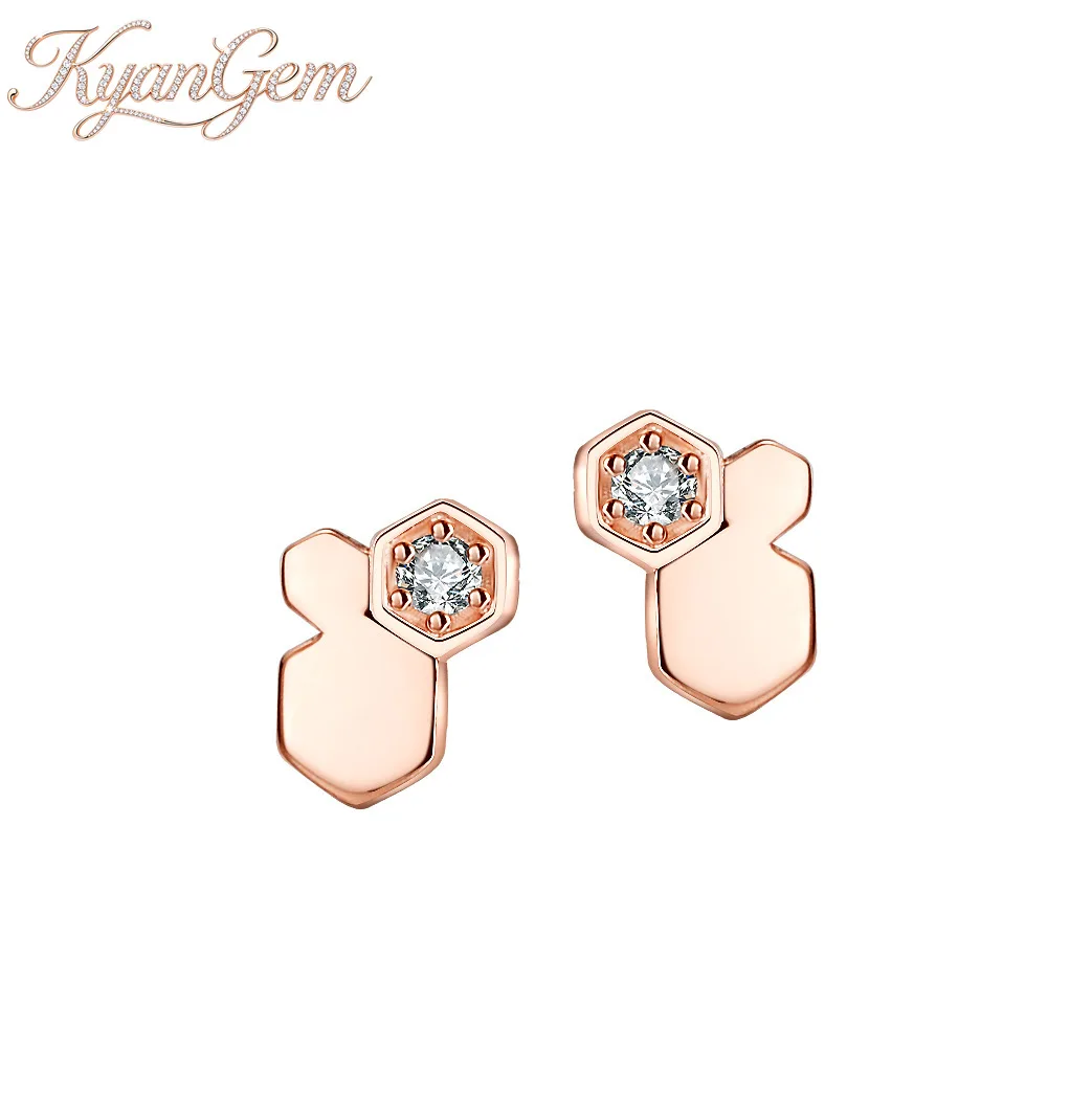 KyanGem 18K Rose Gold Women's Honeycomb Stud Earrings Minimalist Wedding-Inspired Moissanite Earrings