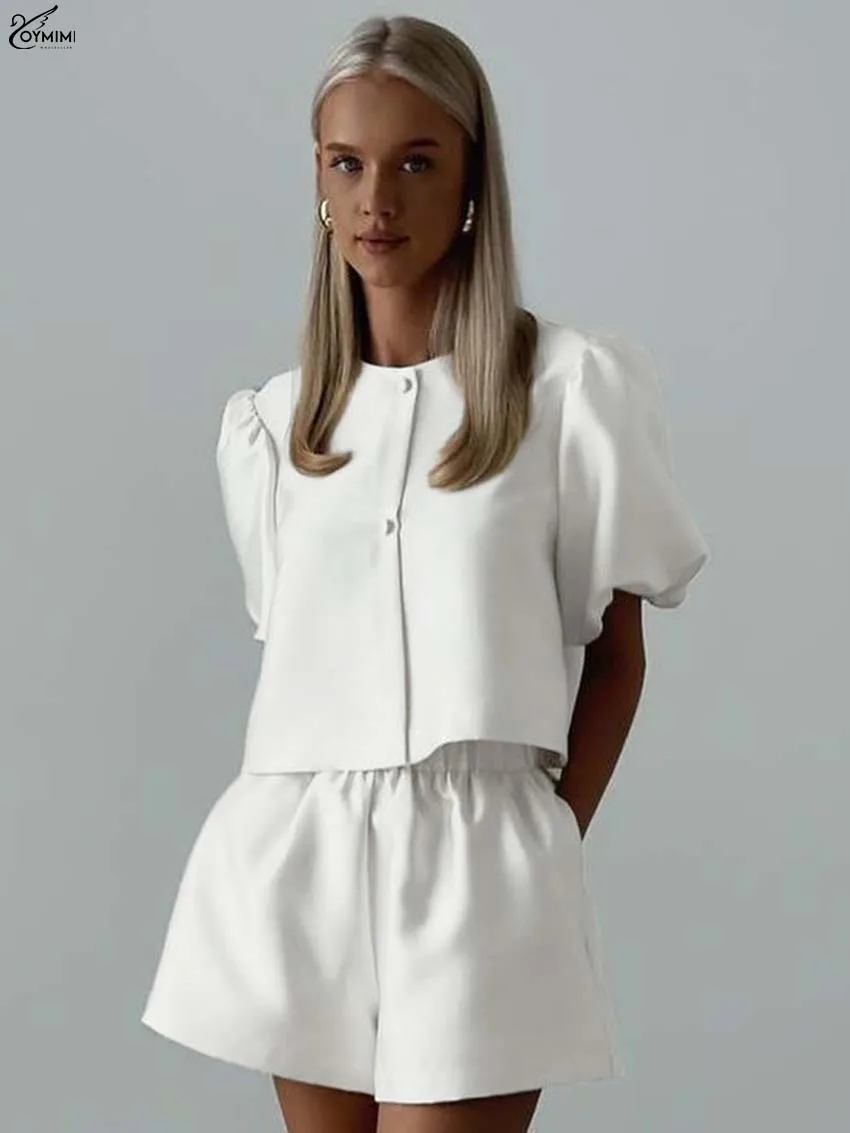 Oymimi أنيقة الساتان الأبيض 2 قطعة مجموعات امرأة الزي موضة س الرقبة قصيرة الأكمام زر القمصان و عالية الخصر مجموعة السراويل البسيطة #1