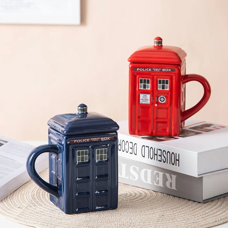 

British Police Box Cup, Ceramic Cup, Telephone Booth, Novelty Mug, Coffee Cup with Lid