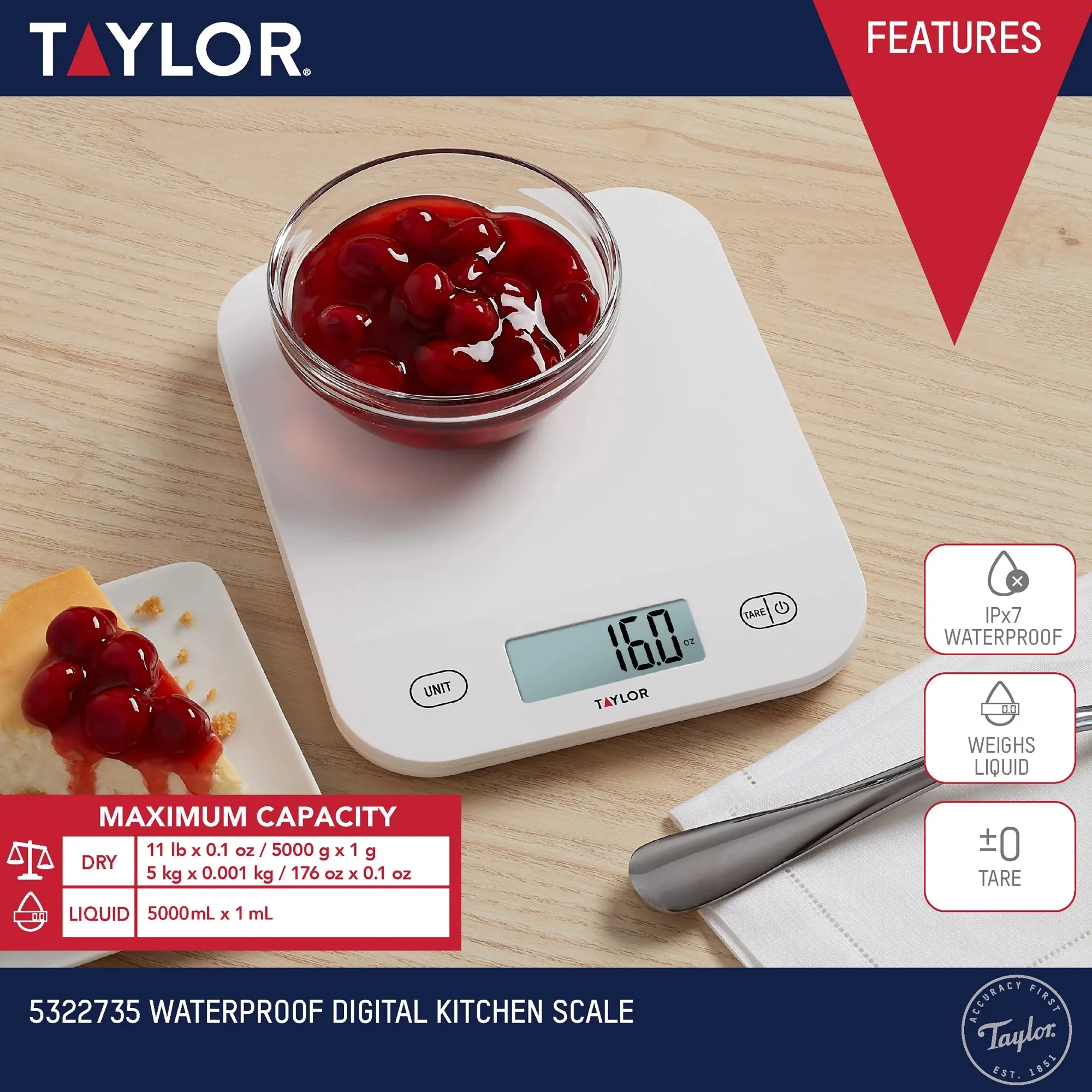 Digitale wasserdichte Küchen- und Lebensmittelwaage mit Gramm und Unzen, weißes Fassungsvermögen von 11 Pfund