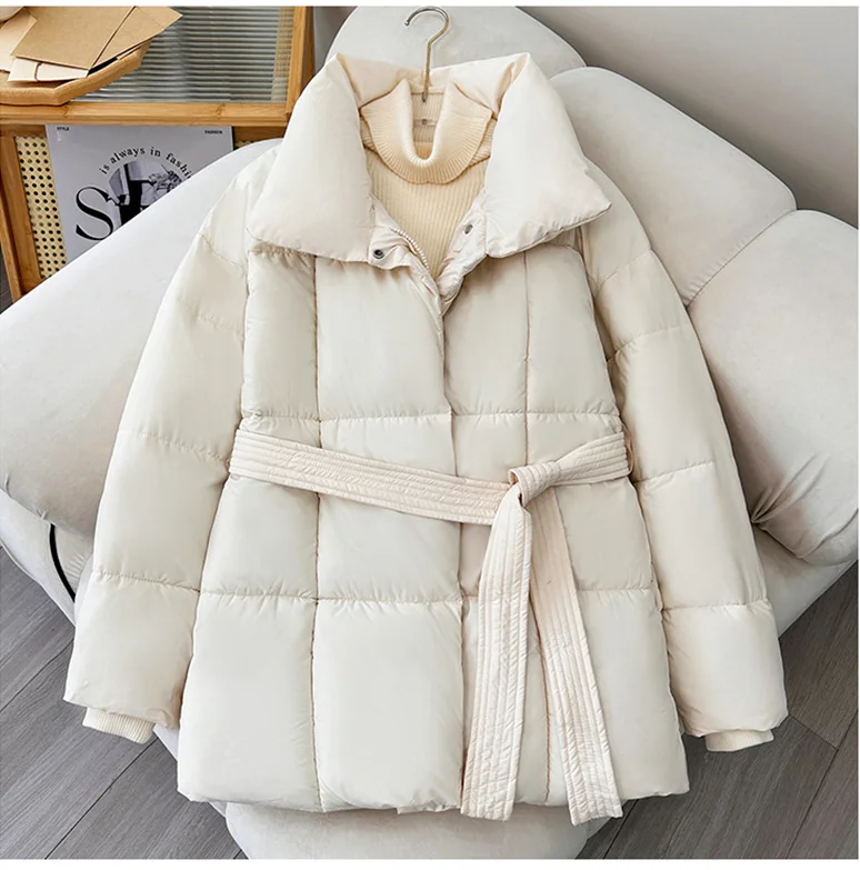 Advanced with Waist Cinching Tie Up Black Cotton Jacket Women's 2026 Winter New Korean Version Stand Collar Coat Female Parkas