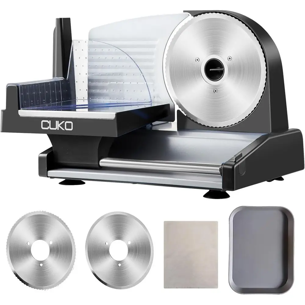 

Электрическая мясорезка 200 Вт, 2 съемных лезвия из нержавеющей стали 7,5 дюймов и поддон, регулировка толщины нарезки 0-15 мм, легко чистится