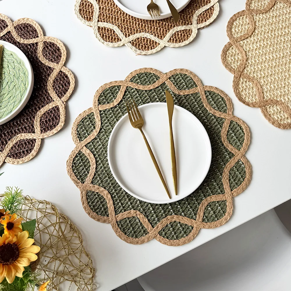 1/4/10pcs Scalloped Paper Rope Woven Flower Shaped Place Mats with Wavy Border for Party Kitchen Table Decoration Christmas Gift