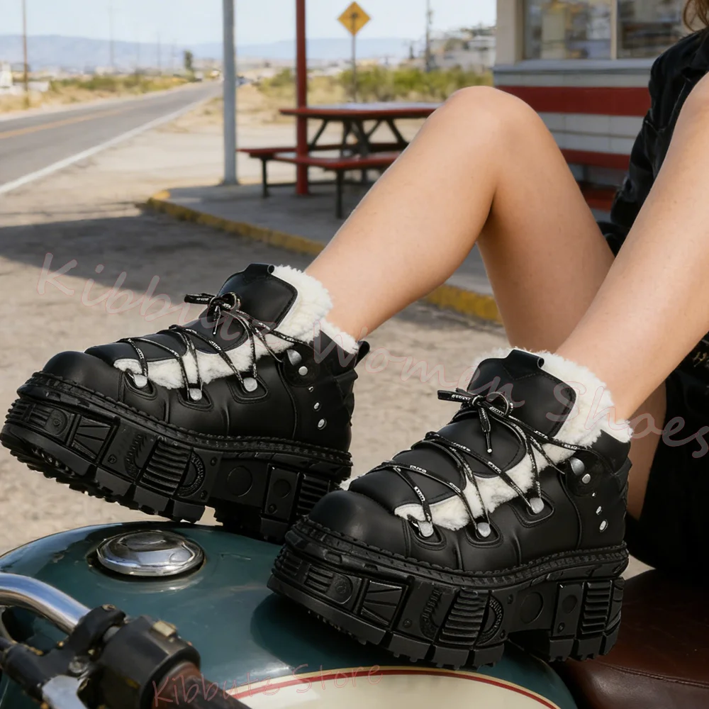 Fur Lined Platform Ankle Boots Chunky Lug Sole Winter Punk Style Lace Up Warm Plush Lining Non Slip Heavy Duty Shoes Leather New