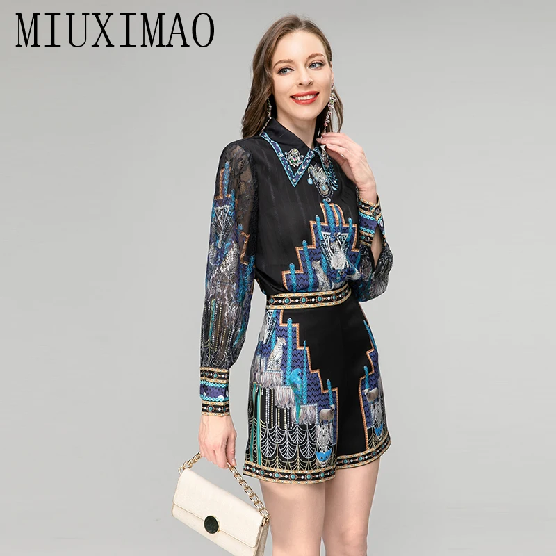 MIUXIMAO-Conjunto elegante de primavera y verano para mujer, camisa de manga larga con estampado de solapa y pantalón corto, moda de dos piezas, 2023