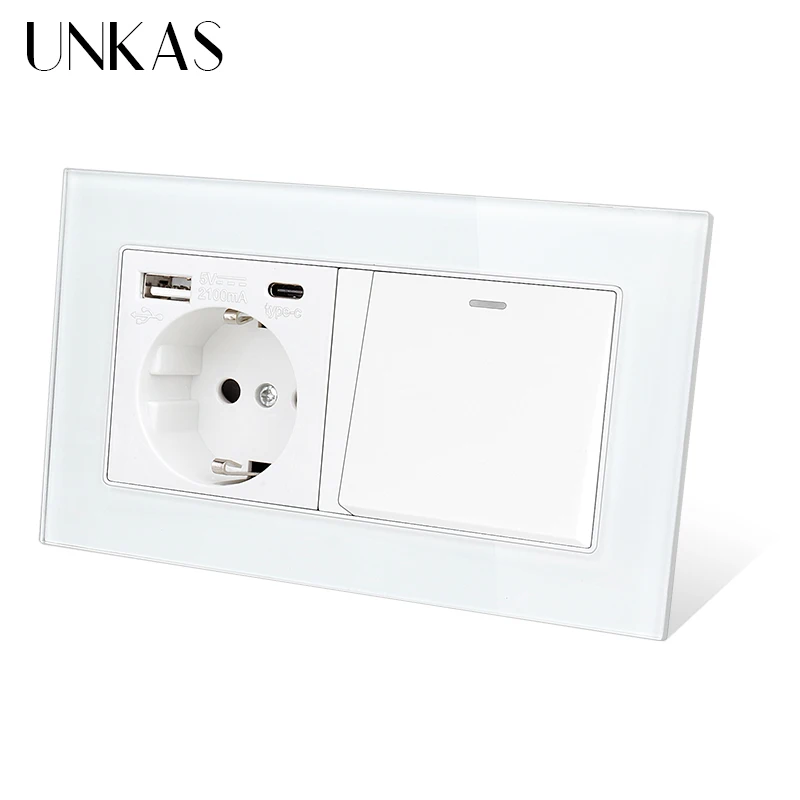 الأبيض نوع C جدار منفذ USB الاتحاد الأوروبي القياسية 16A المقبس 1 2 3 4 عصابة 1 / 2 طريقة تشغيل / إيقاف زر الزجاج المقسى لوحة المخرج #5