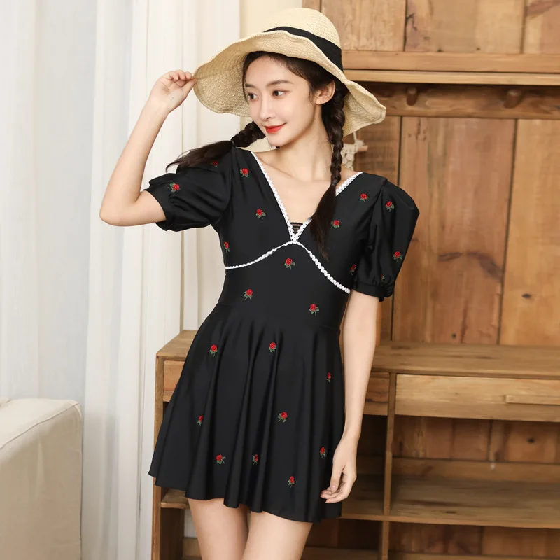 Korean Black V Neck Swimwear Women 2024 Sexy Floral Print Dress One Piece Swimsuit Bathing Suit Swim Summer Beach Wear Monokini