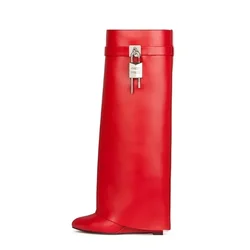 Knee-length Zipper Boots for Women, Thick Soles Metal Decoration Shoes, Shark Lock, High Heels, Designer Fashion Brand, New