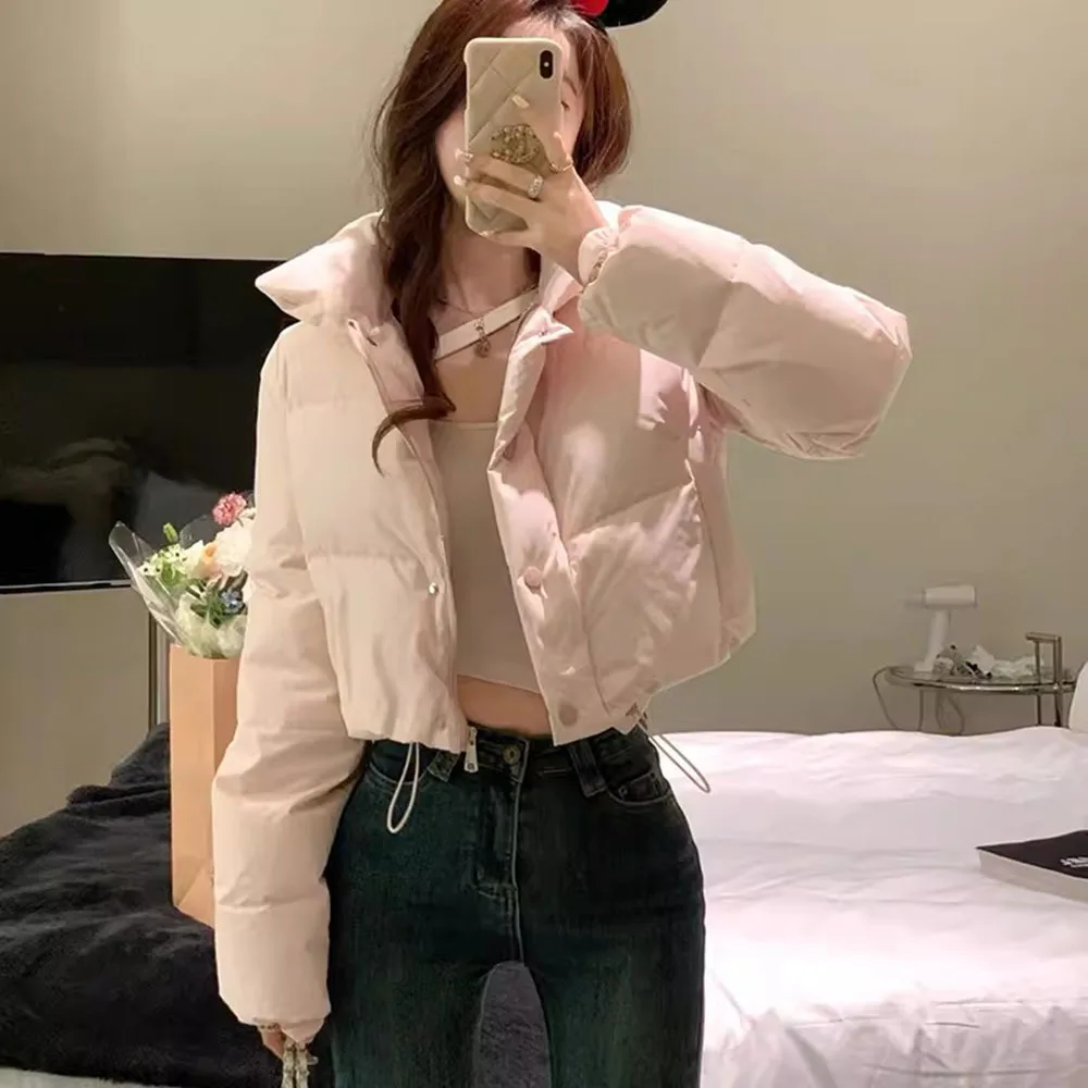 Korean Pink Cotton Jackets For Women Warm Slim Short Parkas Coat Casual Fashion Bread Clothing Ladies Sweet Solid Cotton Outwear