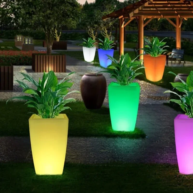 exhibition luminous colorful solar garden plant pots plastic sculpture planter party hire floor lamp luminous flower pot