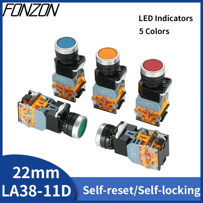 

LA38-11 22mm Opening with light Illuminated Momentary Button Switch 12v 24v 220v 380v Self-Locking/Reset Flat Head Button Switch