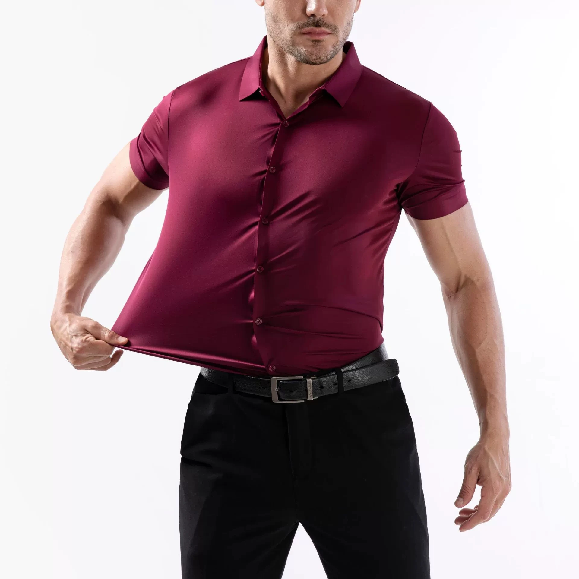US/EU Size Men's Business Elastic Shirt Summer Short Sleeve Non Ironing Black Solid Color Social Formal Versatile Man Clothing