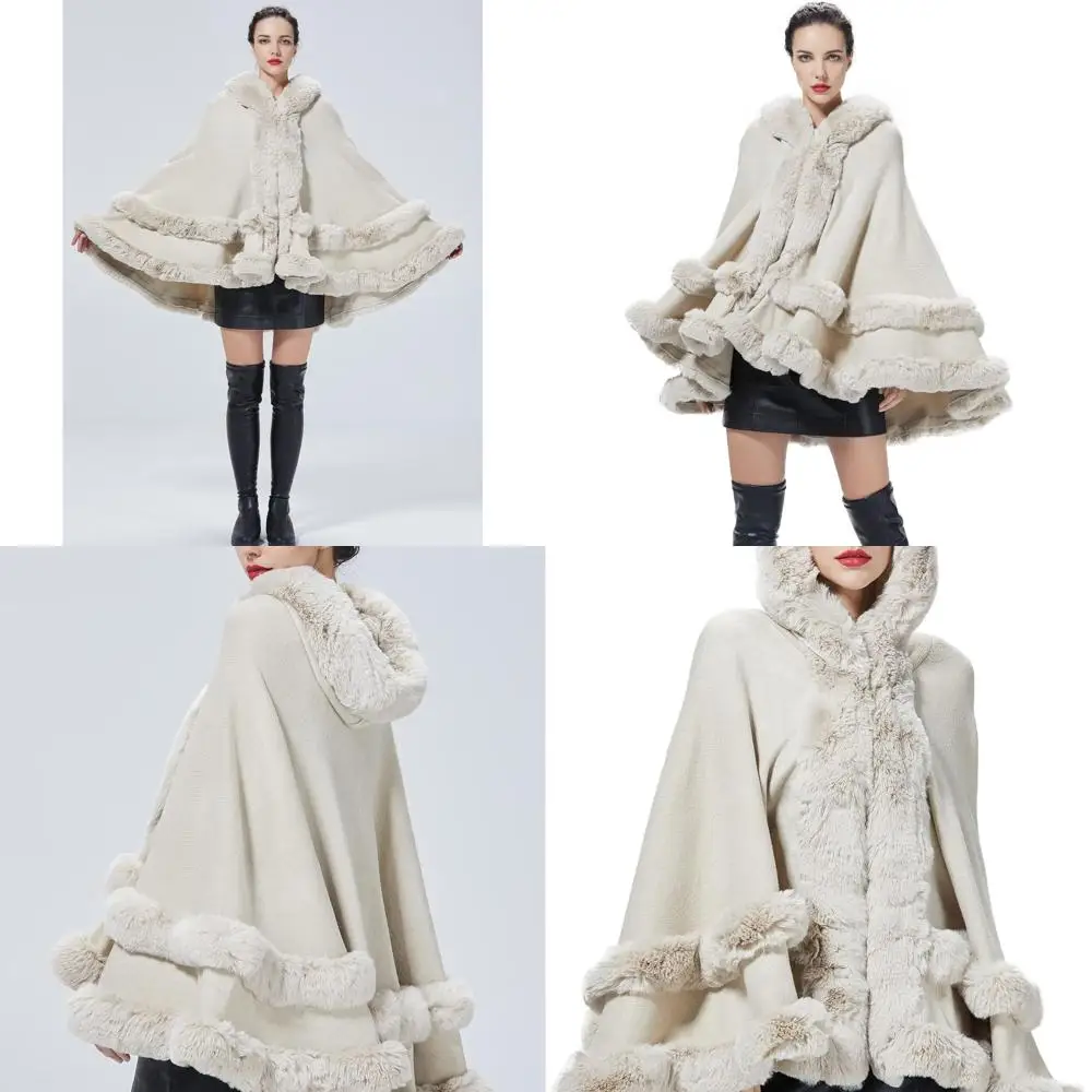 

Пончо с капюшоном из искусственного меха и шалью без рукавов с отделкой, элегантный женский кардиган с меховой подкладкой