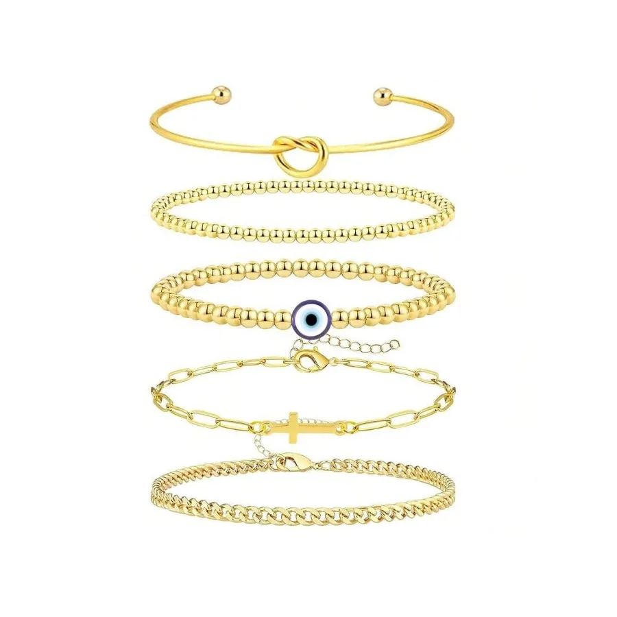 

Gold Bracelets For Women Non Tainish, Dainty Bracelets Stack For Women, Gold Plated Cuff Bracelets Stack With Beaded Cuban Pape