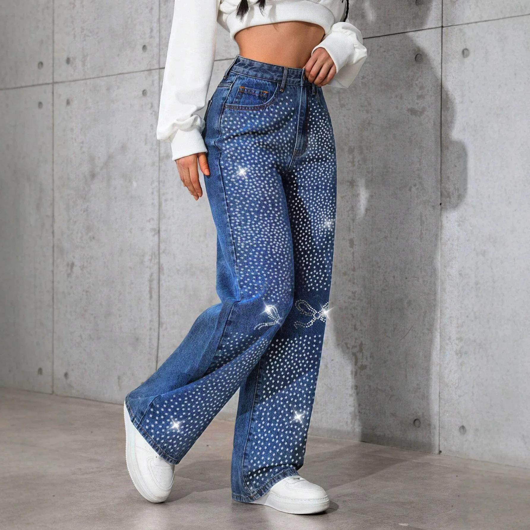 New Women Jeans Pants Vintage American Style Diamond Studded Loose Fit Casual Daily Trendy Floor Length Wide Leg Denim Trousers