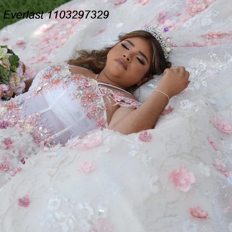 EVLAST Customized Mexican Pink Quinceanera Dress Ball Gown Flowers Lace Applique Beaded Bow Sweet 16 Vestidos De 15 Anos TQD769