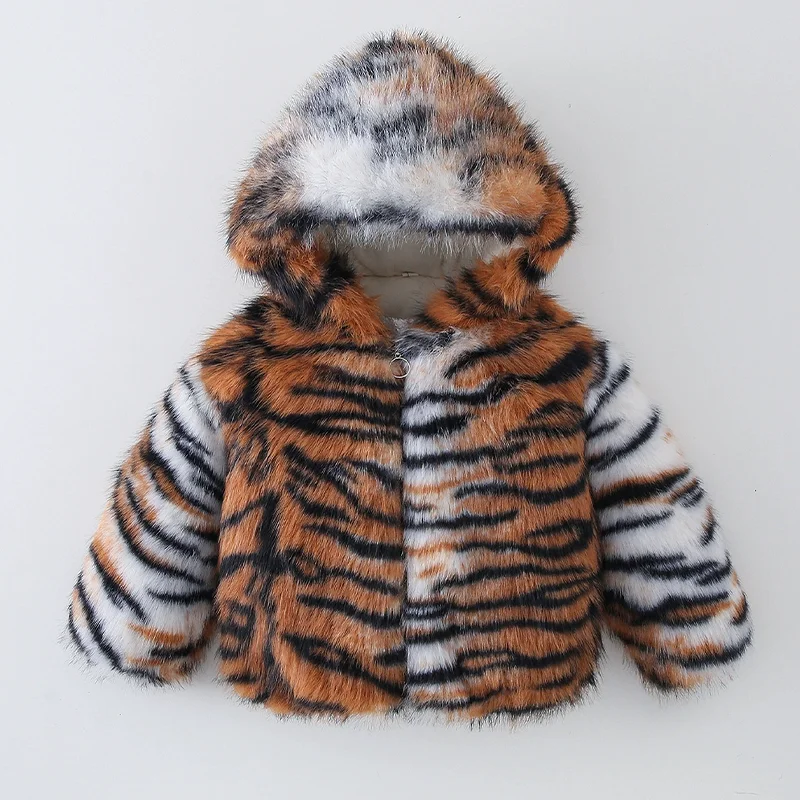 Boys Tiger Stripe Faux Fur Warm Jacket Autumn Winter Plush Thicken Hooded Windproof Sports Outerwear for Kids 2-8 Years  Yk129