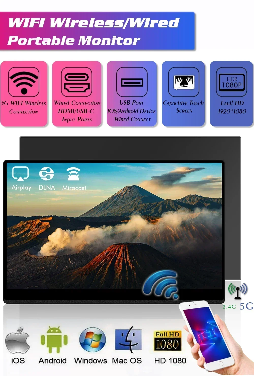 New Arrival 16 1080p 5G Wifi Built In Battery Lcd Display Portable Touch Screen Monitor Interactive With Type C And Mini HD Port