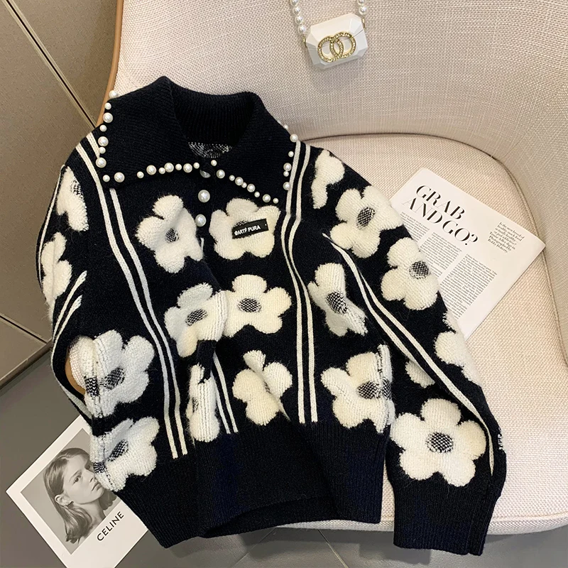 Vintage Sweater Autumn 2022 Lapel Three-Dimensional Flower Long-Sleeve Knitted Pullover Female Contrast Flower Doll Collar Top