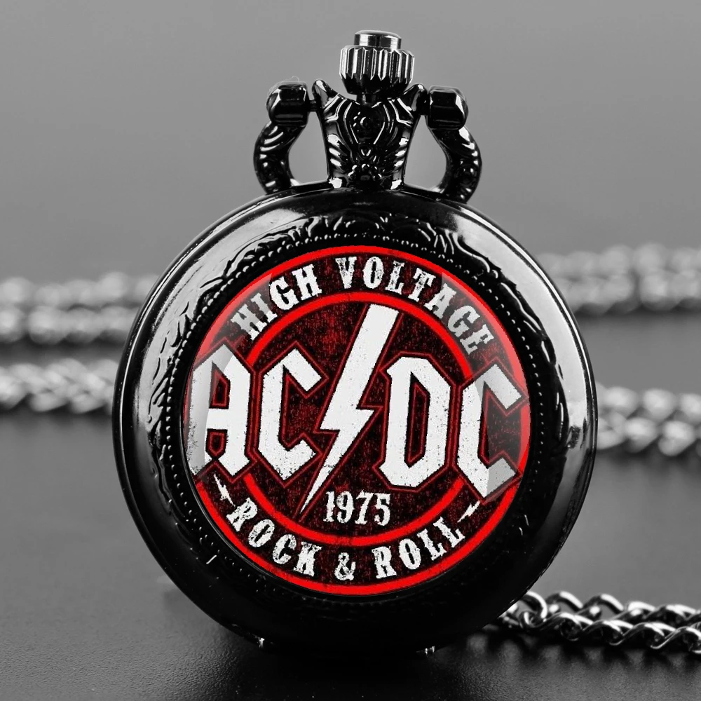 Black Stainless Steel Funny AC and DC Band Design Glass Dome Quartz Pocket Watch Necklace Women Jewelry Pendant Chain Children