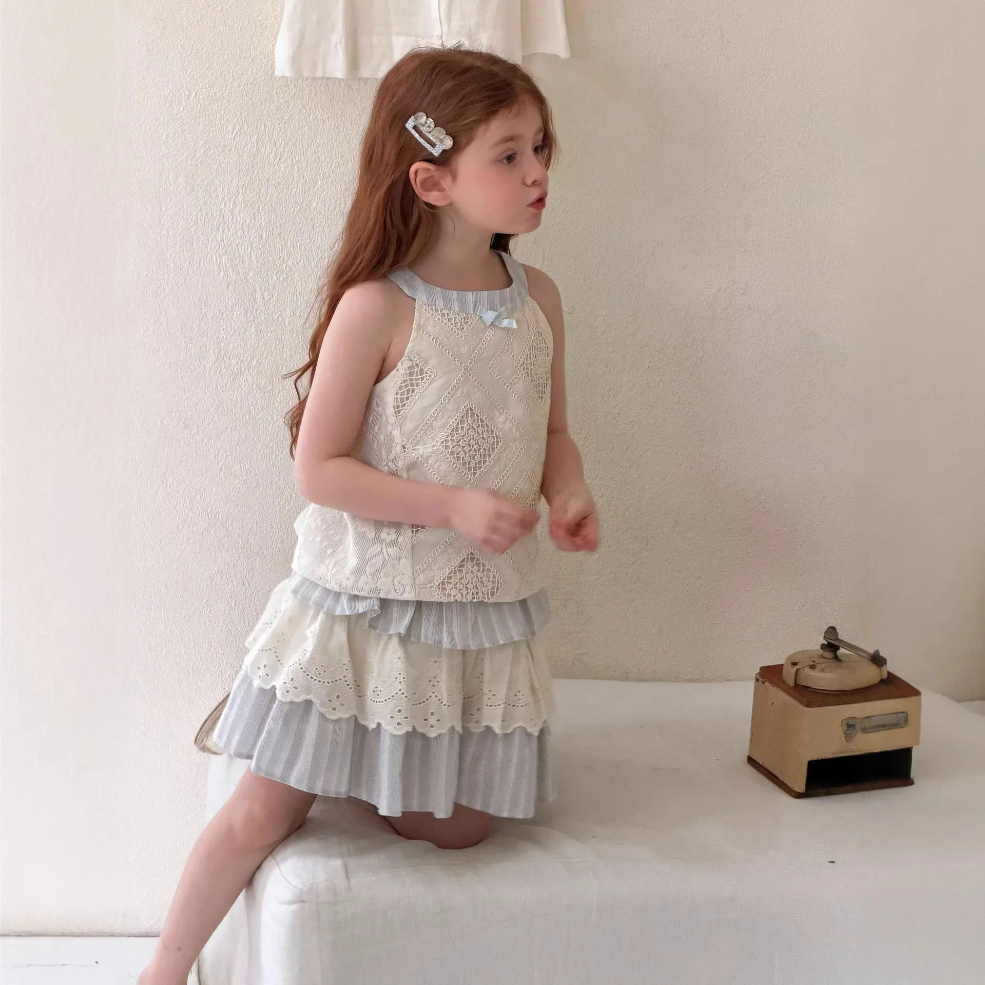 

Children's clothing baby girl dress 2026 spring/summer new fashionable striped patchwork skirt set