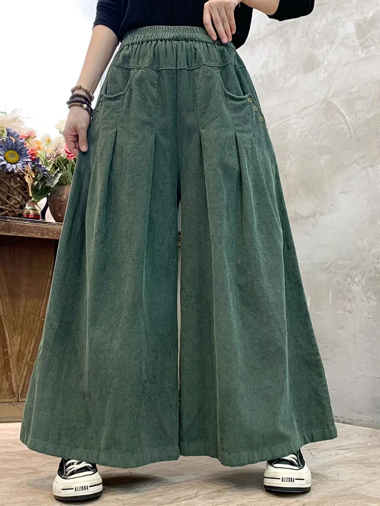 Amax lulue marca 2025 senhoras vintage solto calças de perna larga das mulheres clássico casual cintura elástica moda roupas de veludo