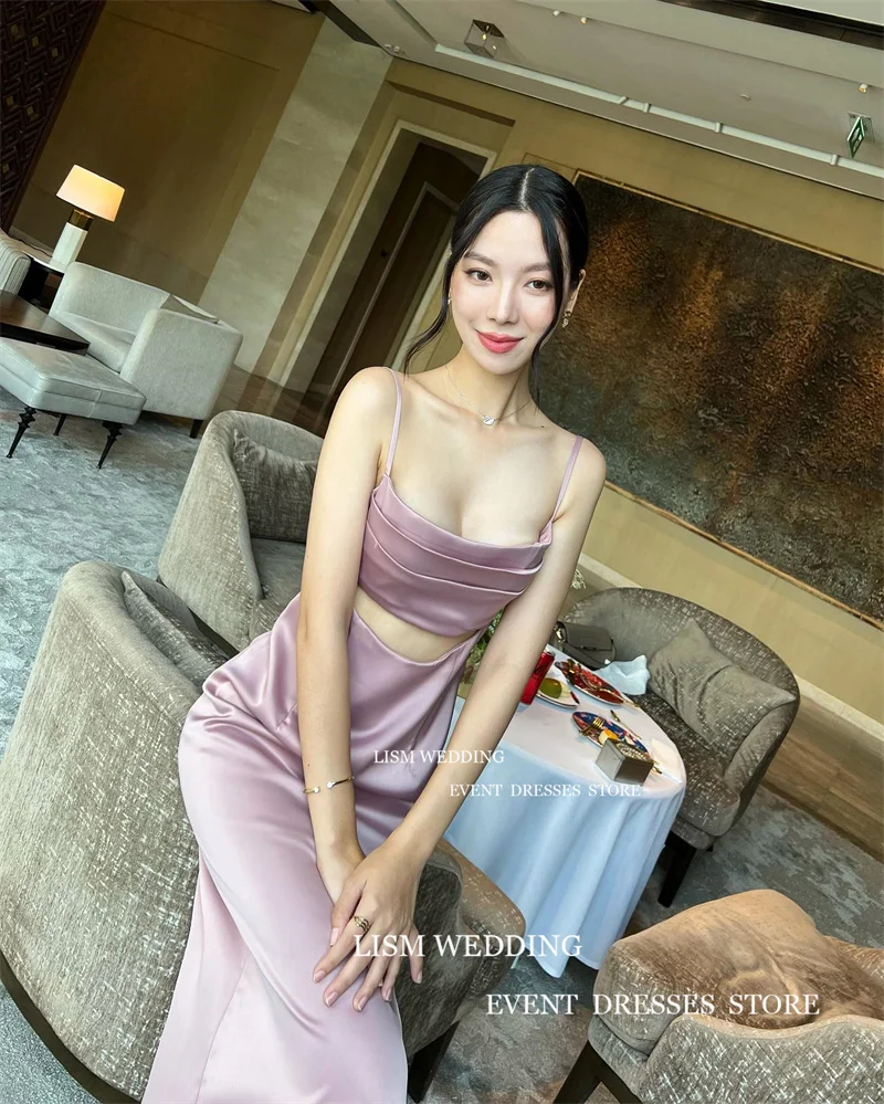 LIsm Baby Pink Mermaid Korea Evening Dress Sexy Silk Soft Satin Cut Out Suspender Formal Prom Gown Sweet Night Event Dress