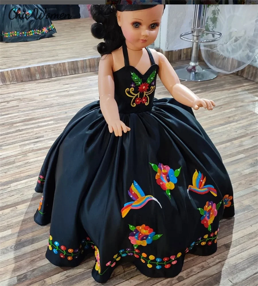 

Black Mexican Flower Girls Dress Embroidery Birthday Dress Mariachi Kid Pageant Party Bow First Holy Communion Dress Customized