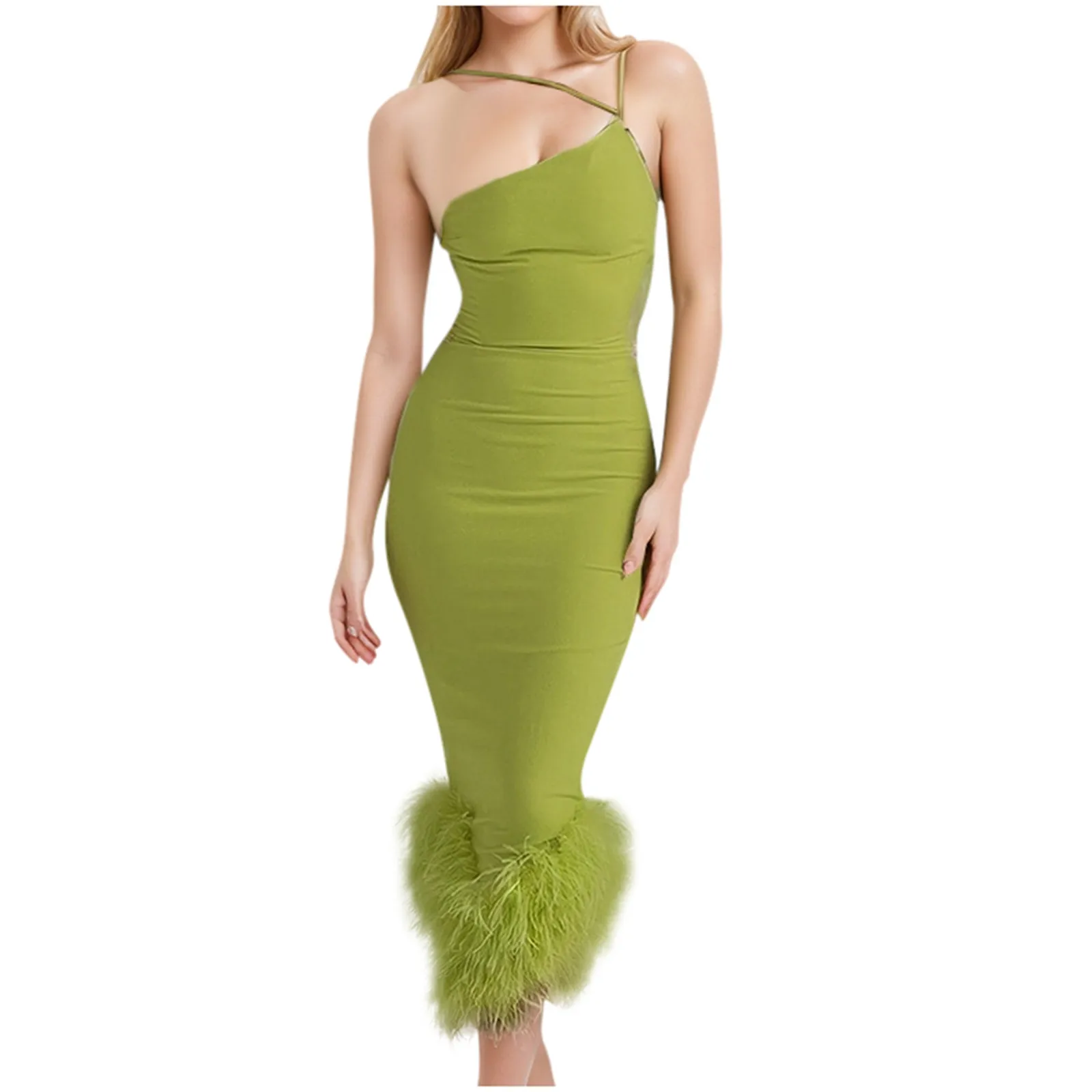 

Elegant Feathers Midi Dress for Women Clothes Gown Summer Sleeveless Party Club Asymmetrical Long Dresses Vestido